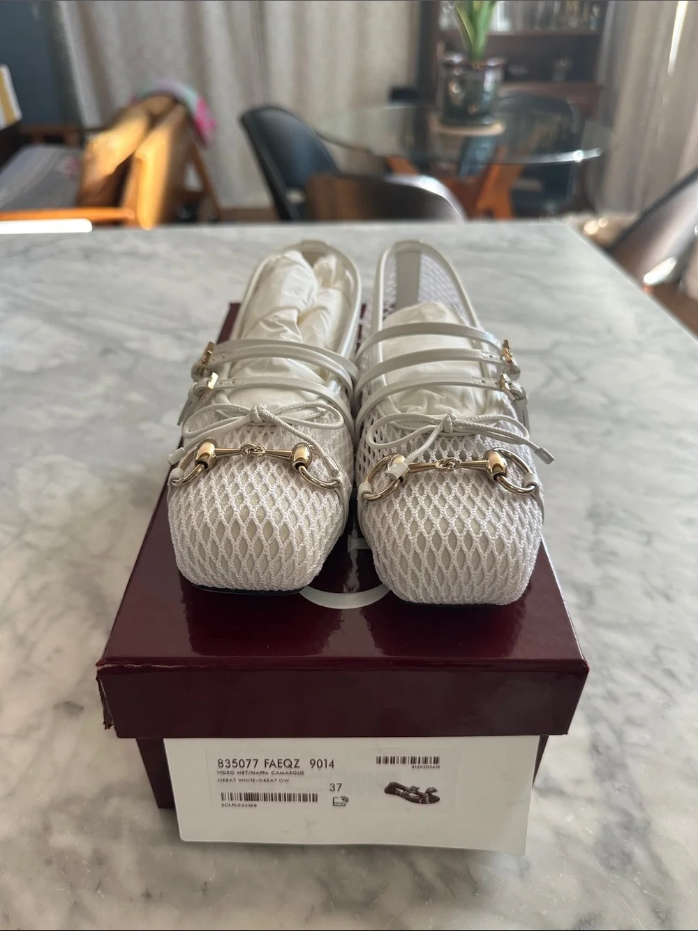 Gucci White Mesh Ballet Flats with Gold Horsebit Hardware size 37 NWT - Picture 2 of 5